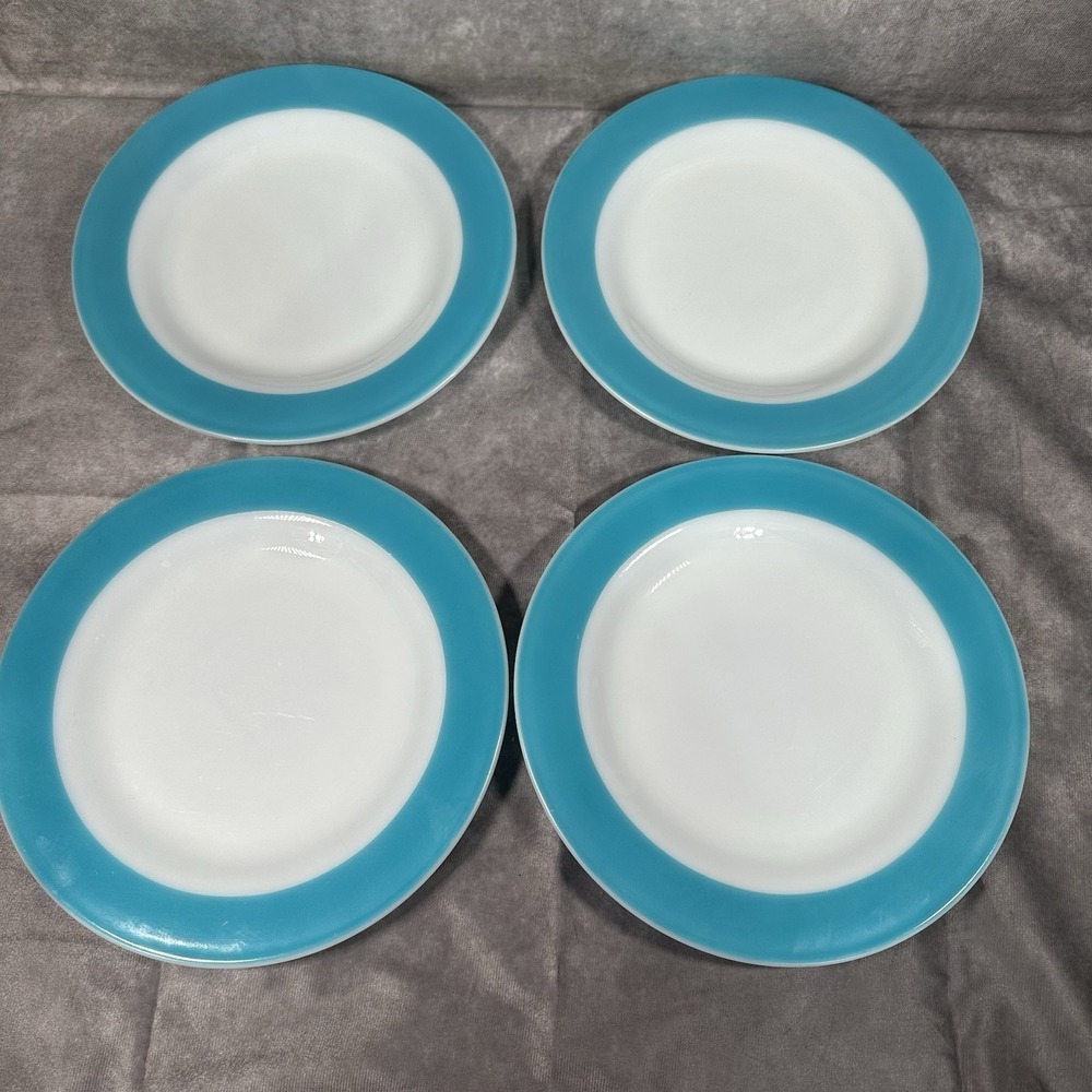 4 Pyrex Milk Glass Turquoise Aqua Wide Rim Band Dinner Plates 9.75" Vintage